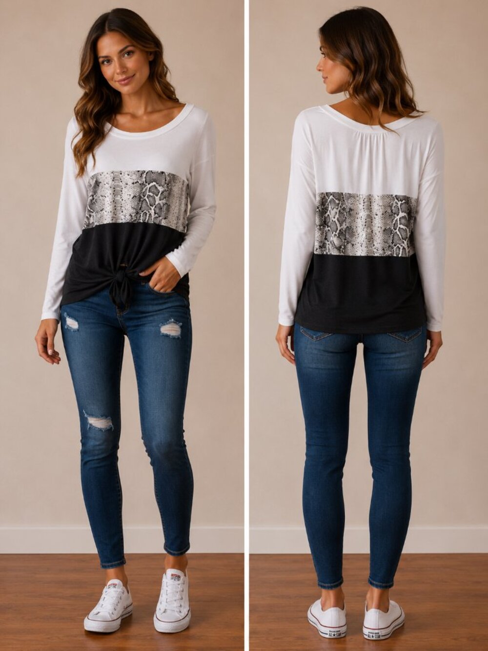 WHITE BIRCH COLOR BLOCK LONG SLEEVE TIED BOTTOM TOP